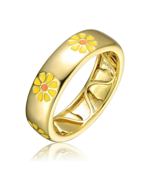 14k Yellow Gold Plated with Yellow & Orange Enamel Daisy Stacking Band Ring for Kids/Teens