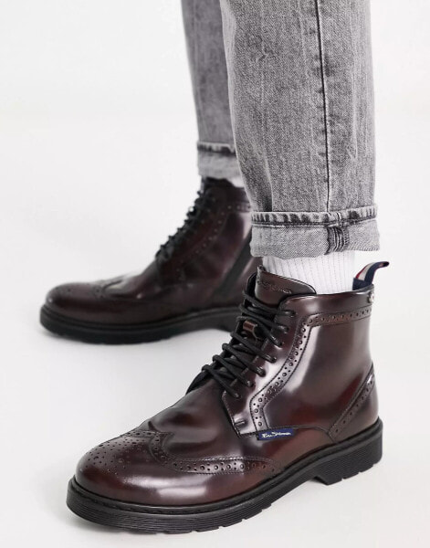 Ben Sherman leather chunky brogue boots in burgundy