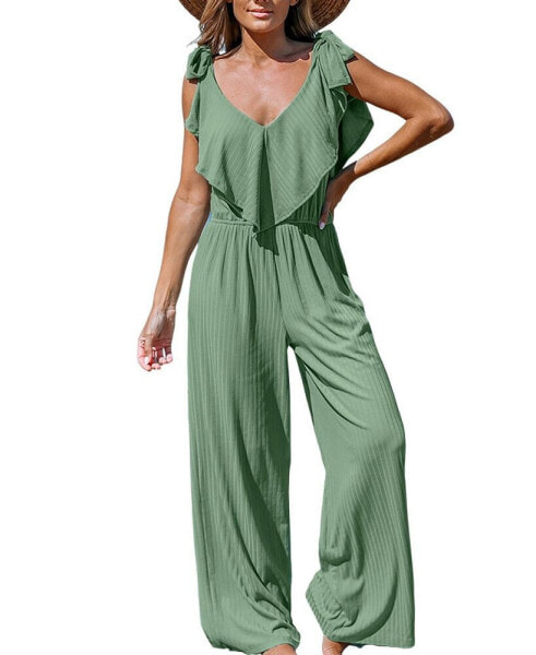 Women's Green Ruffled Bow Tie Wide Leg Jumpsuit