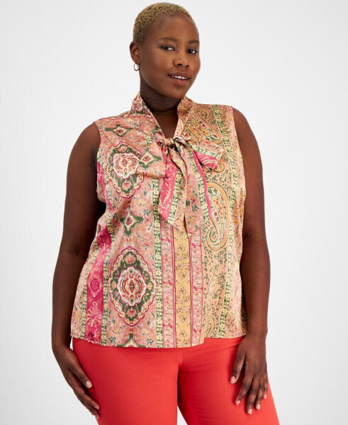 Plus Size Printed Sleeveless Bow Blouse