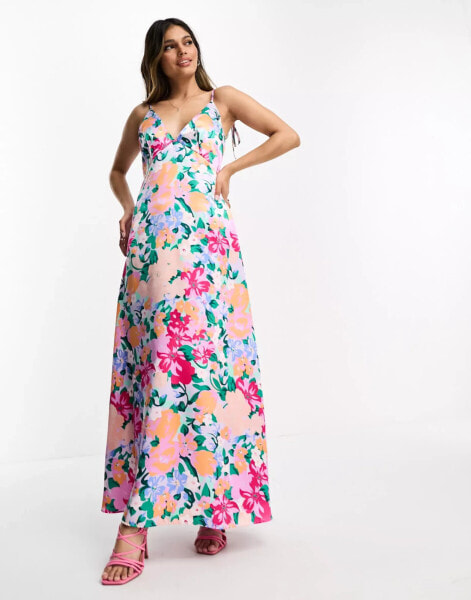 Vila satin tie shoulder cami midi dress in floral print