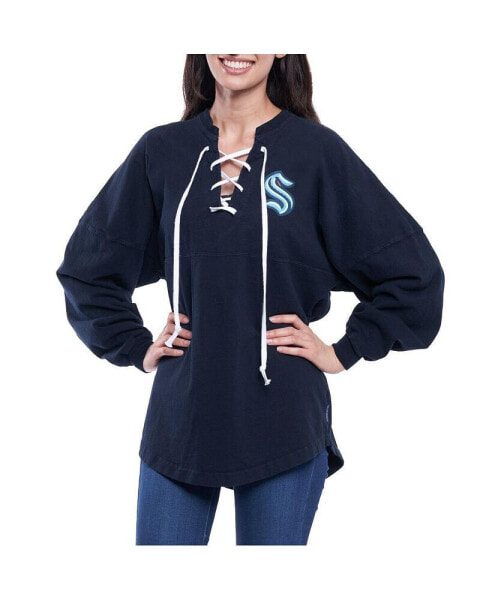 Women's Navy Seattle Kraken Lace Up Long Sleeve Spirit Top