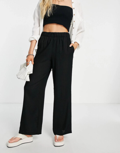 Selected Femme linen blend wide leg trouser in black