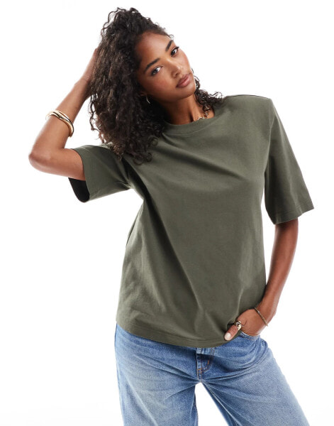 & Other Stories t-shirt with shoulder pads in khaki