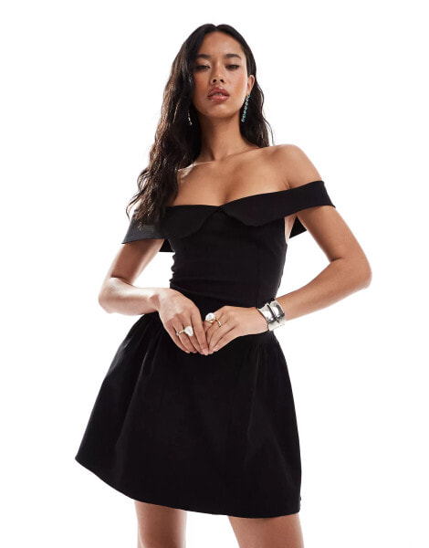 Vesper bardot foldover skater dress in black