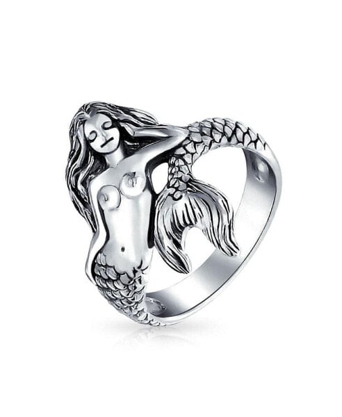 Nautical Marine Life Tropical Beach Siren Mermaid Ring For Women Oxidized .925 Sterling Silver 2MM Band