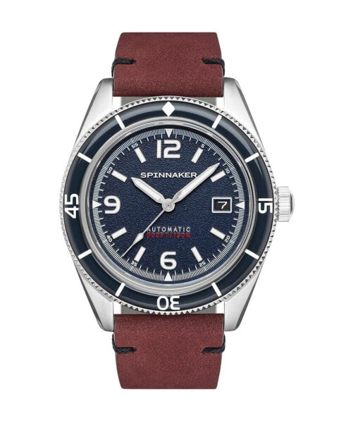 Men's Fleuss Automatic Red Genuine Leather Strap Watch, 43mm