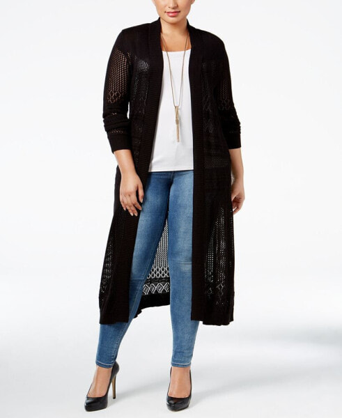 Plus Size Pointelle-Stitch Duster Cardigan