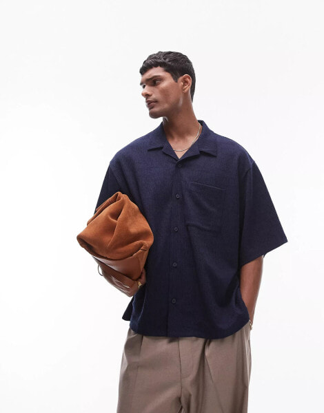 Topman boxy fit button through texture jersey polo in navy