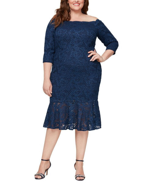 Plus Size Glitter Lace Off-The-Shoulder Dress