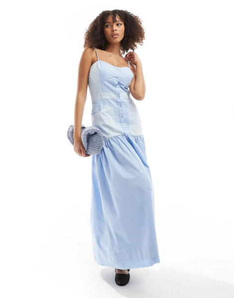 ASOS DESIGN ultimate panelled denim-look tiered maxi dress in blue