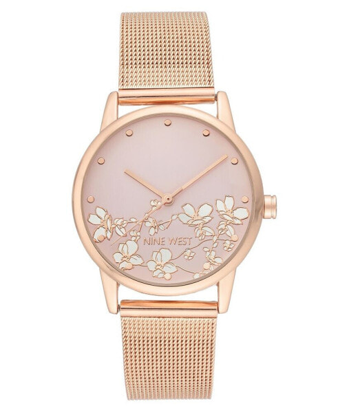 Women's Quartz Rose Gold-Tone Stainless Steel Mesh Band and Flower Pattern Watch, 35mm