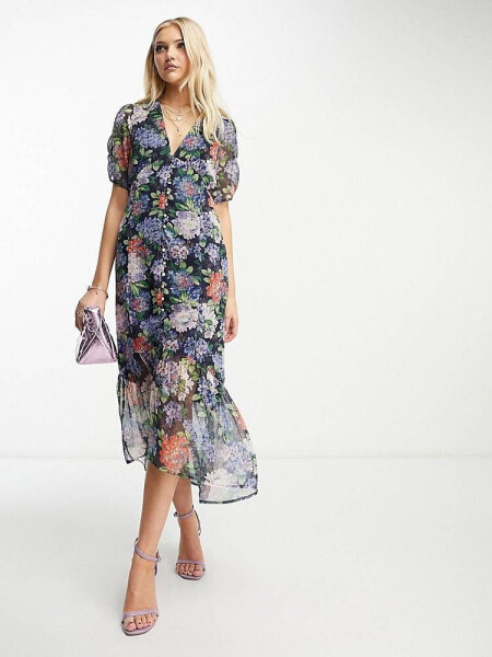 Hope & Ivy puff sleeve midi tea dress in blue floral