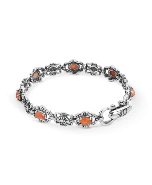 American West Sterling Silver Women's Link Bracelet Oval Orange Spiny Oyster Gemstone Size Small - Large