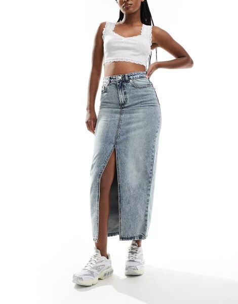 DTT denim midi skirt with front split in light blue acid wash