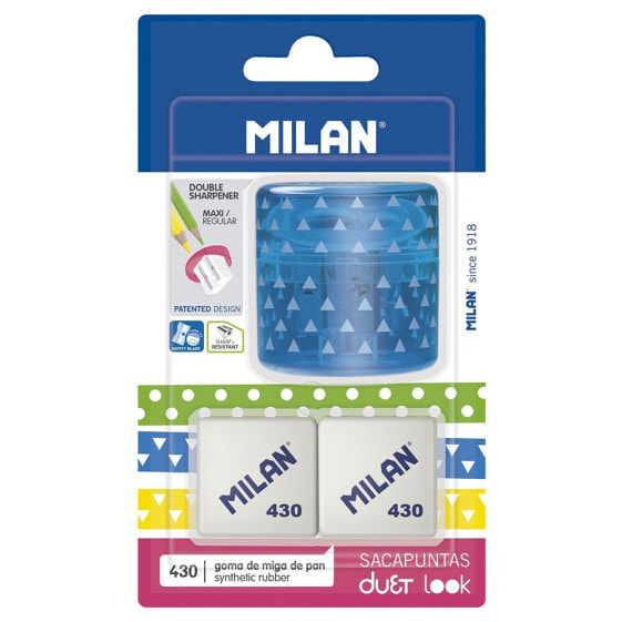 MILAN Blister Pack Blue Duet Look Sharpener+2 Erasers