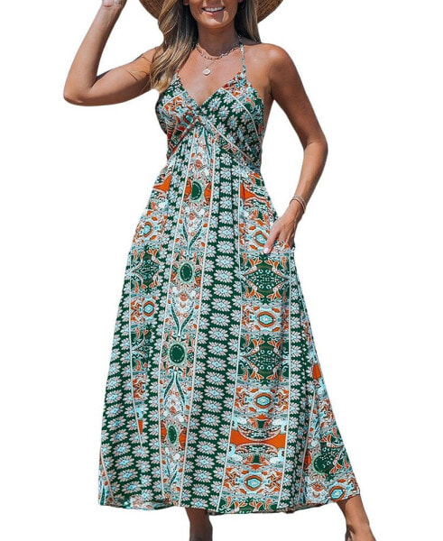 Women's Green Floral Paisley Print Maxi Beach Dress