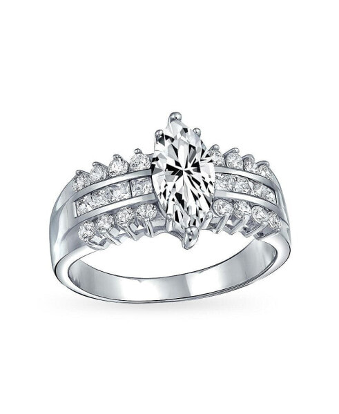 Art Deco Style 2.5CT Wide Triple 3 Row Band Channel Set Cubic Zirconia AAA CZ Solitaire Brilliant Cut Marquise Engagement Ring .925 Sterling Silver