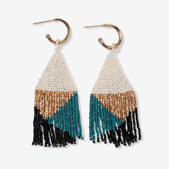 James Mini Gold Hoop Mixed Angles Beaded Fringe Earrings Teal