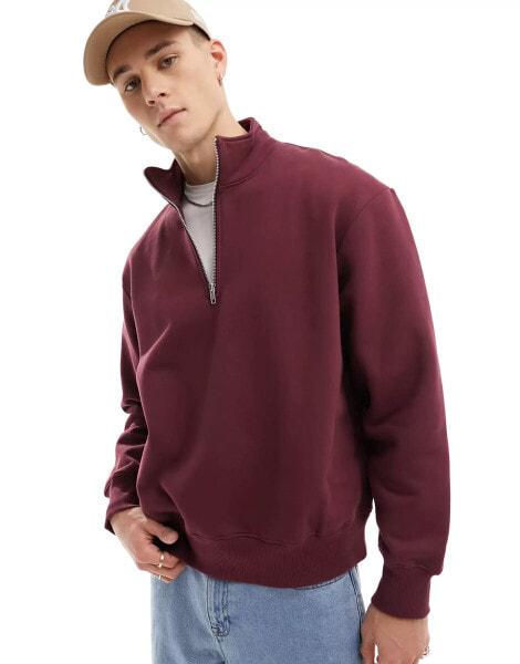 ASOS DESIGN heavyweight oversized half zip sweatshirt in burgundy