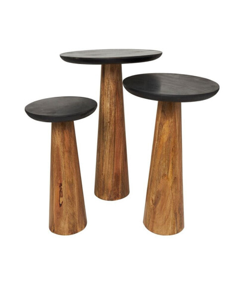 Set of 3 Mango Wood Handmade Cone Shaped Black Tabletops Accent Table