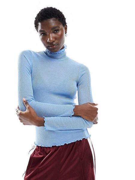 Monki long sleeve sheer ribbed high neck top with lettuce seam in blue