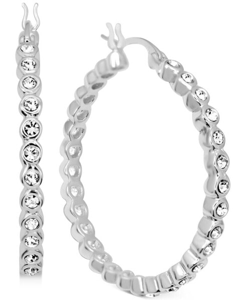 Crystal Bezel Medium Hoop Earrings in Silver-Plate, 1.37"