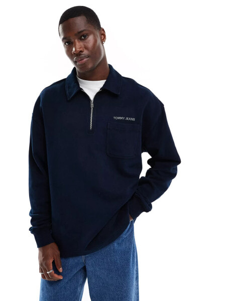 Tommy Jeans small logo 1/4 zip sweatshirt in washed navy