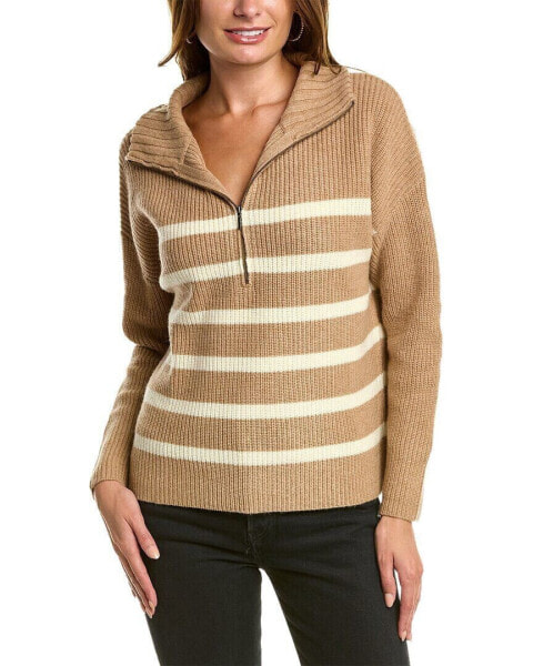 Forte Cashmere Striped Rib Mock Neck Wool & Cashmere-Blend 1/2-Zip Sweater