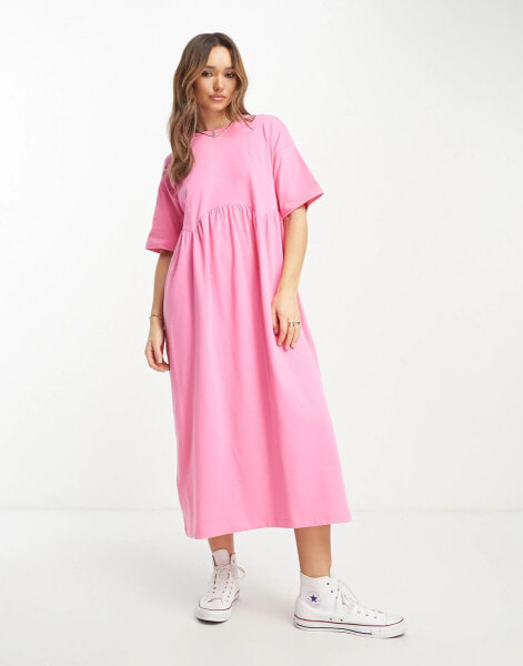 ASOS DESIGN – Kurzärmliges Midi-Hängerkleid in Pink mit Ziernaht