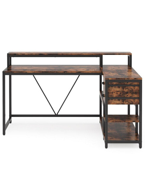 Reversible L Shaped Desk with Drawer, Industrial L Corner Desk Table with Storage Shelves and Monitor Stand, Rustic Wooden and Metal PC Desk for Home Office