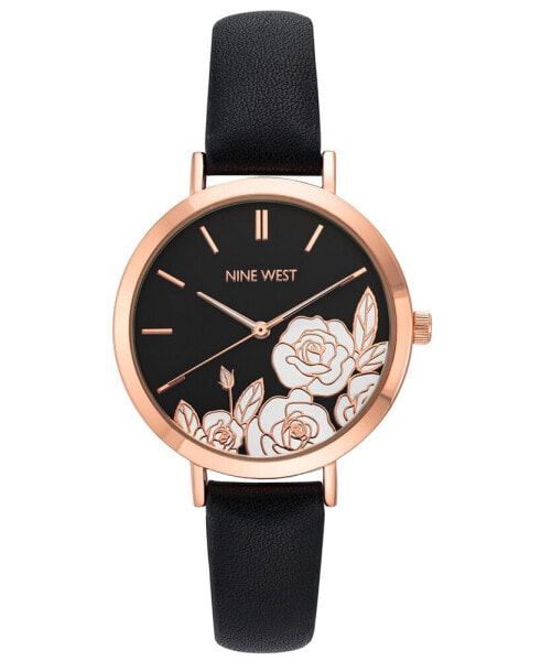 Women's Quartz Black Faux Leather Band and Floral Pattern Watch, 36.5mm