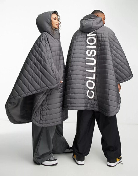 COLLUSION Unisex oversized branded quilted poncho in grey