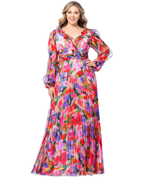 Plus Size Printed Pleated Long-Sleeve Gown