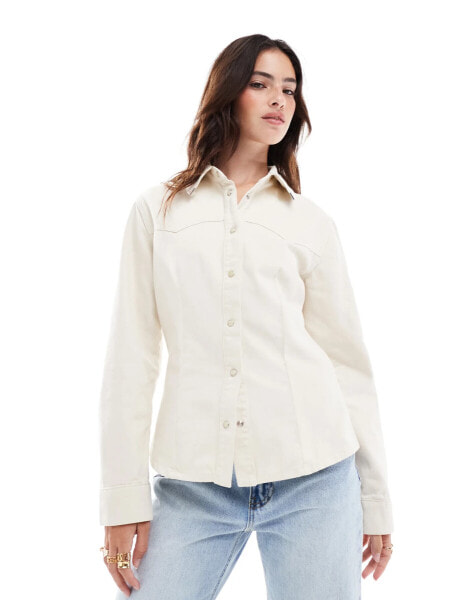 Mango denim button through western tipped collar shirt in white