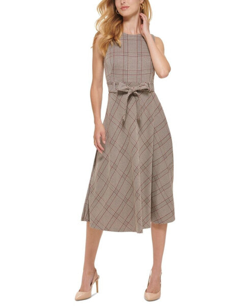 Women's Menswear Plaid Belted Midi Dress