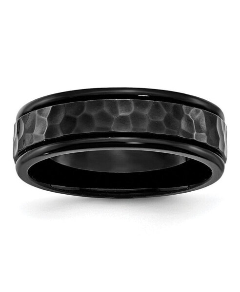 Stainless Steel Polished Hammered Black IP-plated 7mm Band Ring