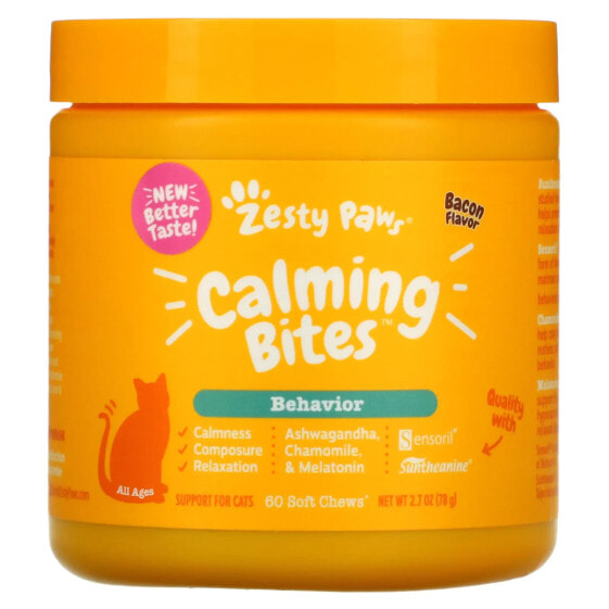 Витаминно-минеральный продукт Zesty Paws Calming Bites для кошек, поведение, любой возраст, вкус бекона, 60 мягких лакомств, 78 г