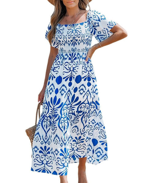 Women's Ornate Square Neck Smocked Bodice Midi Beach Dress