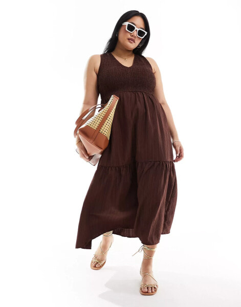 ASOS DESIGN Curve v-neck crinkle midi sundress with tiered skirt in chocolate