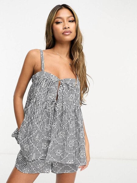 ASOS DESIGN broderie cami co-ord in mono gingham