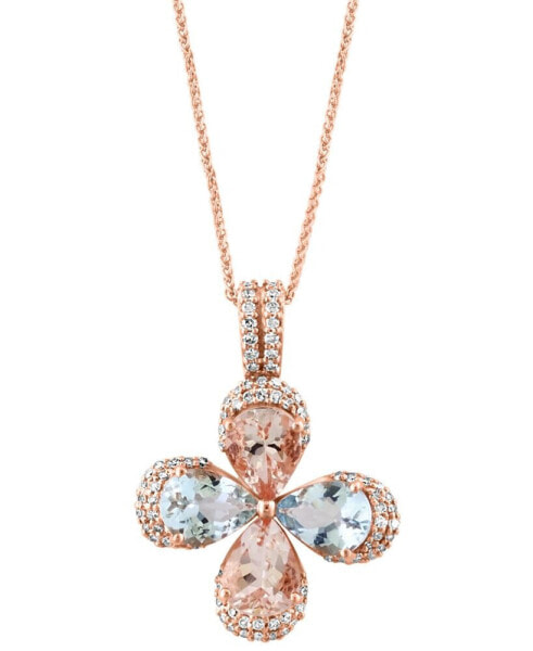 Aquamarine (1-3/8 ct. t.w.), Morganite (1-1/3 ct. t.w.) & Diamond (1/3 ct. t.w.) Flower Pendant Necklace in 14k Rose Gold, 16" + 2" extender