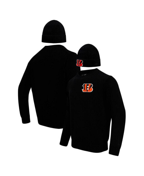 Men's Black Cincinnati Bengals Crewneck Pullover Sweater and Cuffed Knit Hat Box Gift Set