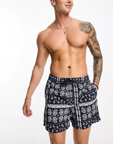 Jack & Jones Intelligence swim short in navy bandana print