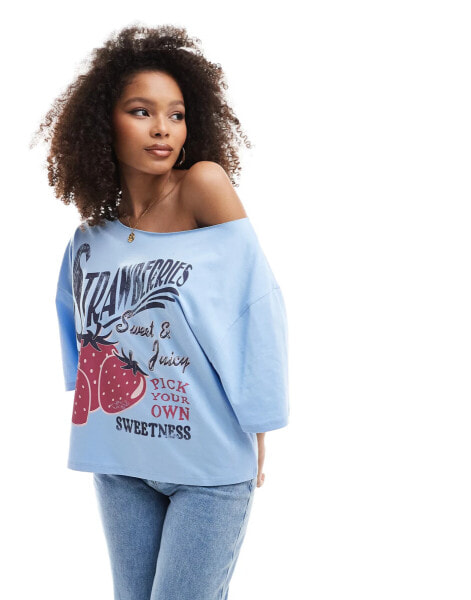 ASOS DESIGN relaxed off shoulder t-shirt with strawberry graphic in blue