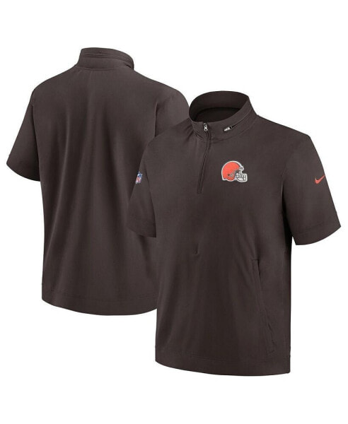 Men's Brown Cleveland Browns Sideline Coach Short Sleeve Hoodie Quarter-Zip Jacket