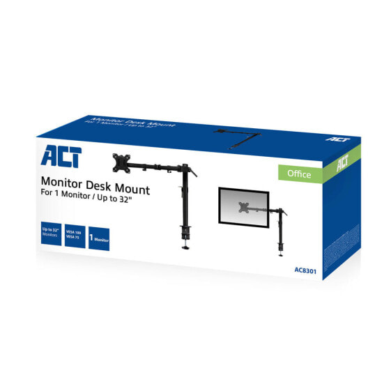 ACT Single monitor arm - Clamp/Bolt-through - 8 kg - 25.4 cm (10") - 81.3 cm (32") - 100 x 100 mm - Black