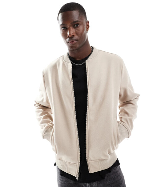 Brave Soul faux wool bomber jacket in stone