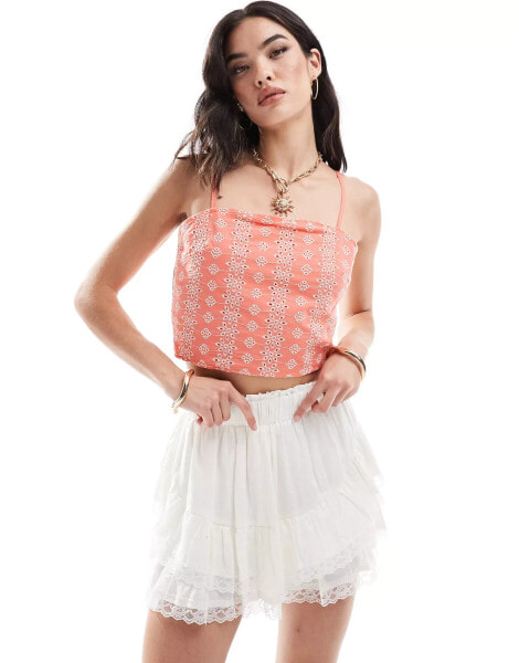 Pieces broderie tie back crop cami top in coral