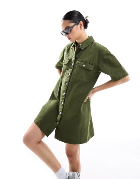 Miss Selfridge oversized short sleeve denim shirt dress in khaki